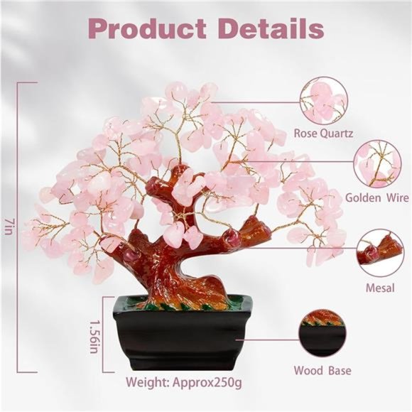 Feng Shui Natural Rose Pink Quartz Crystal Money Tree Bonsai Style Decoration - Picture 5 of 6